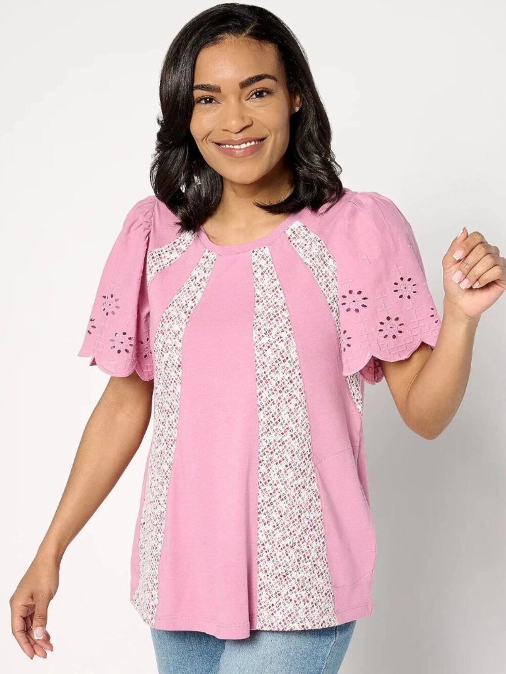 LOGO by Lori Goldstein Flutter Sleeve Scoop Neck Mixed Media Top New